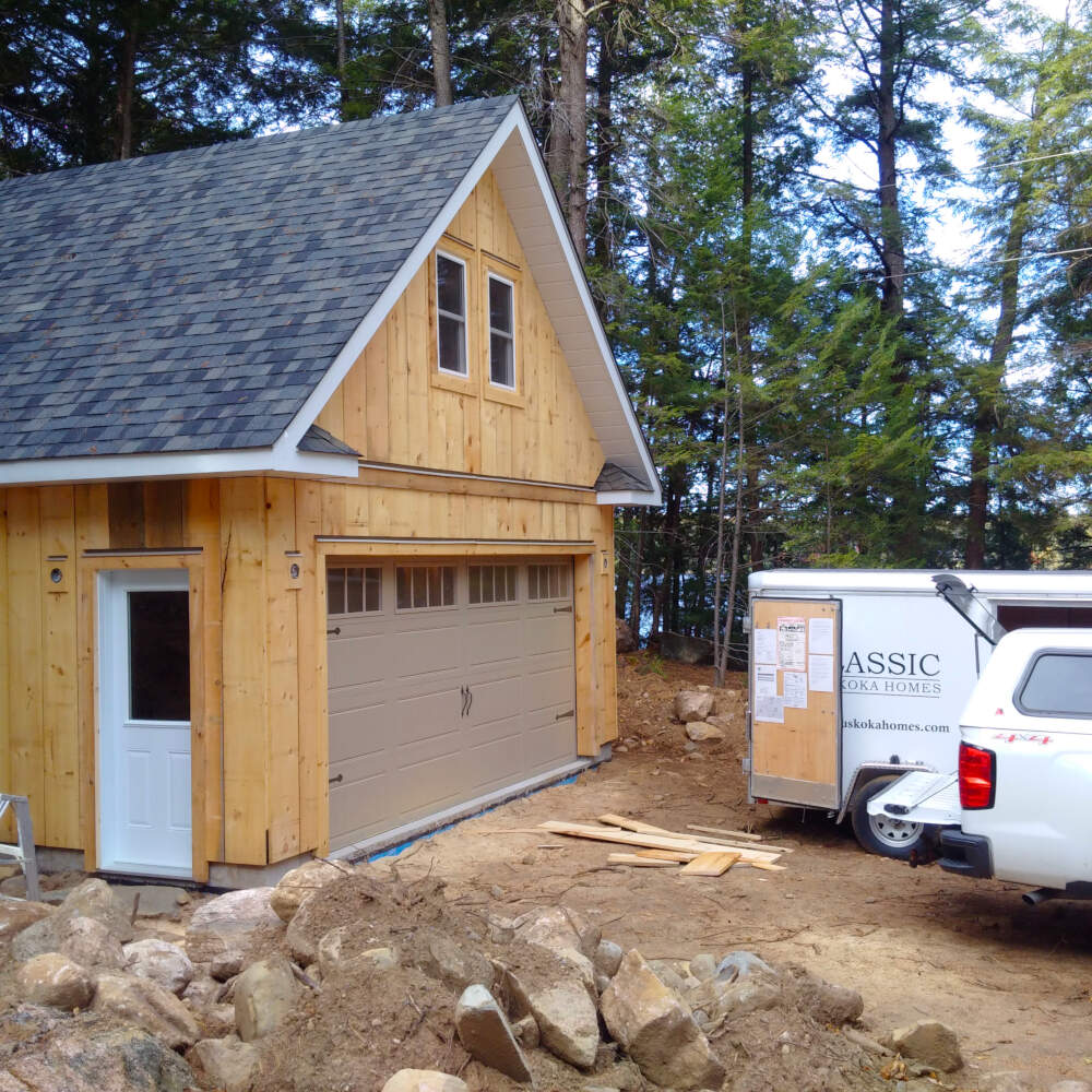 Foundations and framing are complete and exterior finishes are being installed on this Muskoka builder's construction project.