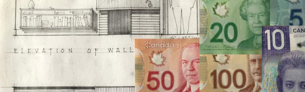 Fifty and one hundred dollar bills are overlaid on an Architects hand-drawn interior elevation to represent the construction cost topic.