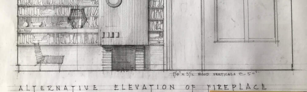 An Architect has hand-drawn the interior elevation drawings for a modern-style fireplace and living room bookshelves for a residential building project.